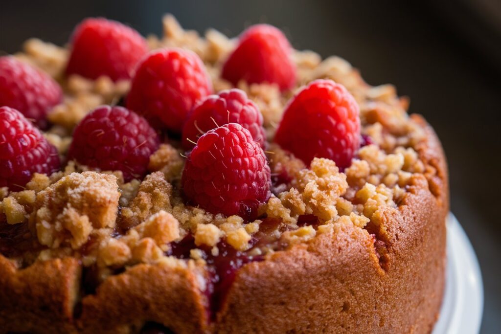 Freshly baked raspberry coffee cake with a golden-brown streusel topping and whole raspberries throughout.

