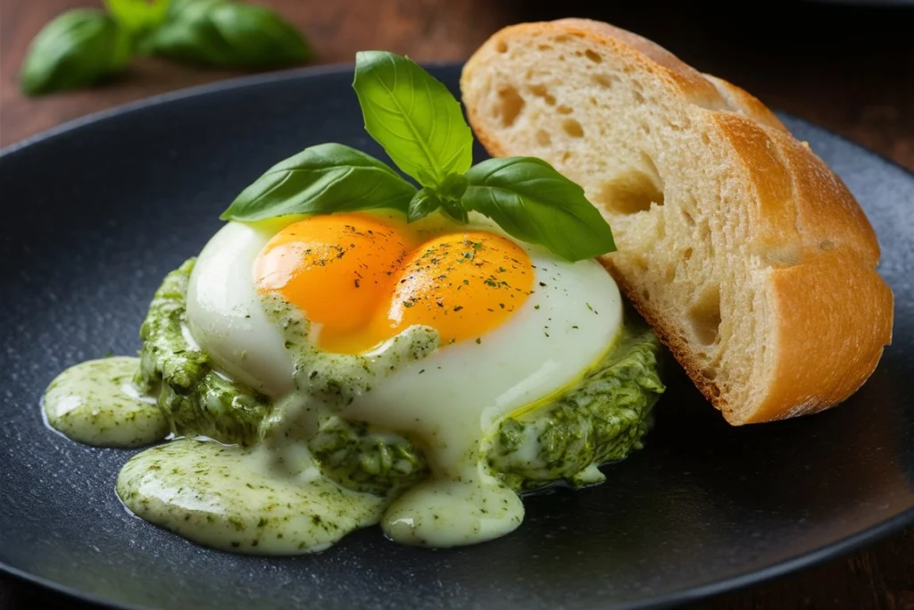 Velvety creamy pesto eggs served on rustic toast with a side of avocado and herbs.
