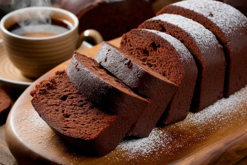 Freshly baked chocolate pound cake cooling on a wire rack.
