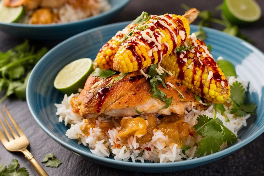 Savory Chicken Rice Bowl with Street Corn Twist topped with avocado and cilantro