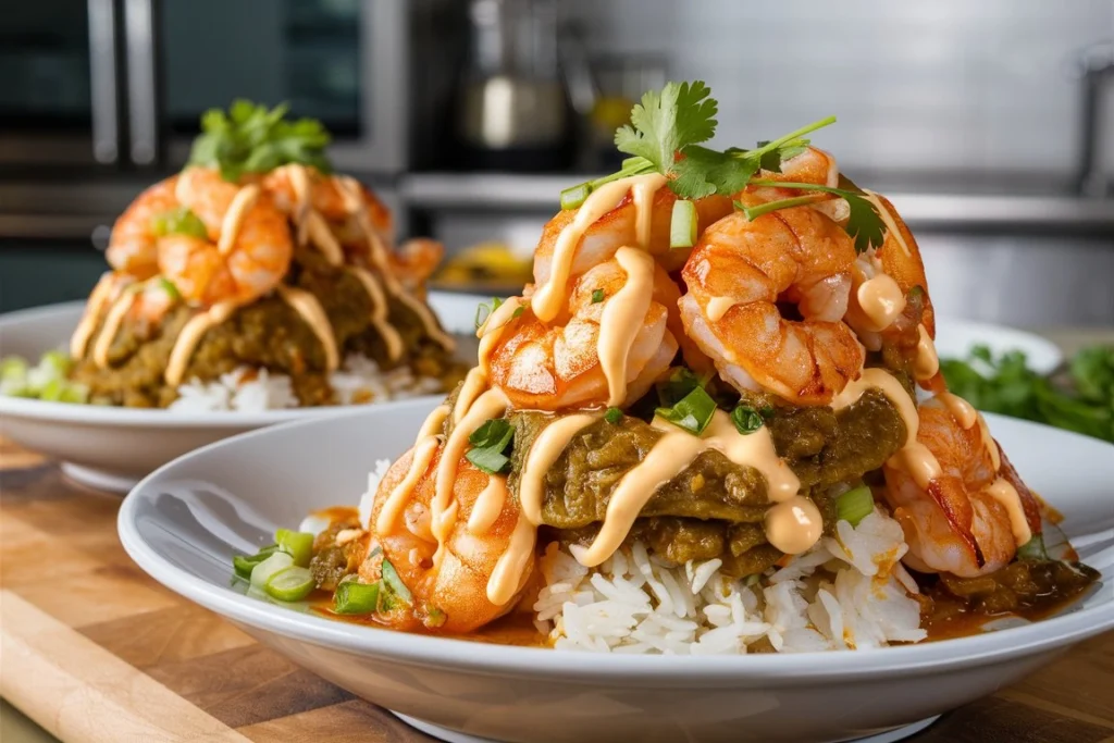 A vibrant shrimp and rice bowl topped with spicy creamy mayo, garnished with green onions and sesame seeds.