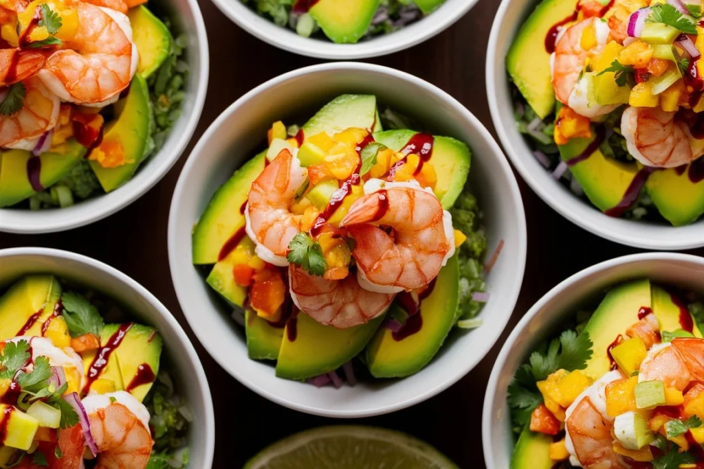  Fresh shrimp and avocado bowl topped with vibrant mango salsa and a drizzle of lime-chili sauce, served in a colorful bowl.