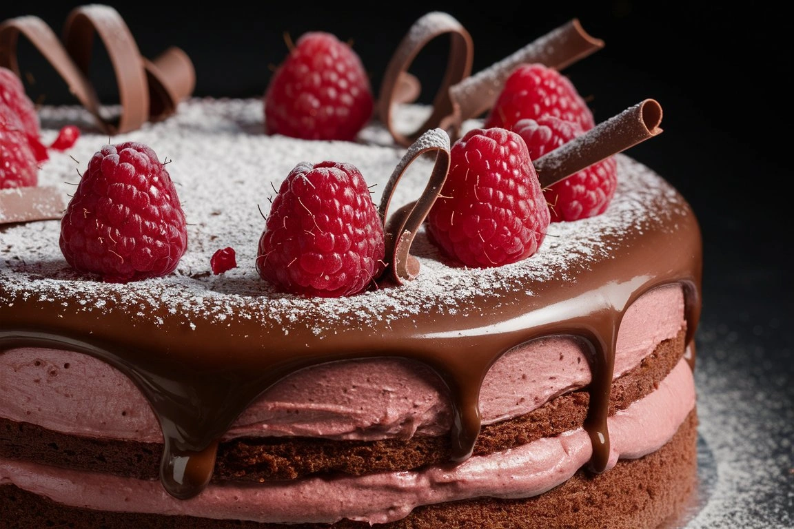 Chocolate Raspberry Mousse Cake served on a white plate with fresh raspberries and chocolate garnishes.