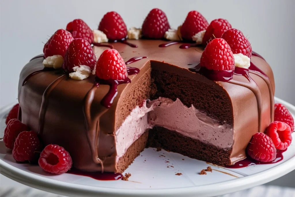 Decadent Chocolate Raspberry Mousse Cake with layers of smooth chocolate mousse and fresh raspberries on top.