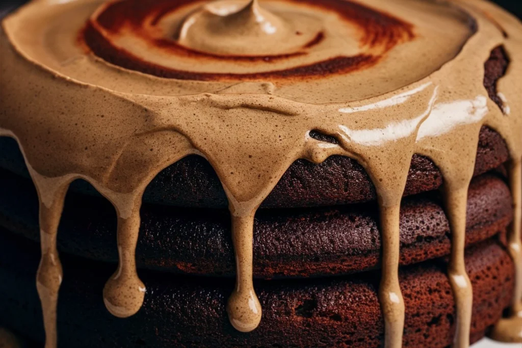 Whole gluten-free espresso chocolate cake decorated with glossy chocolate ganache and coffee beans