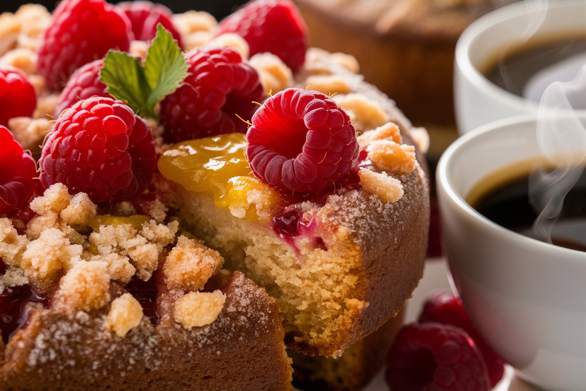 A moist raspberry coffee cake with a crumbly streusel topping and fresh raspberries.