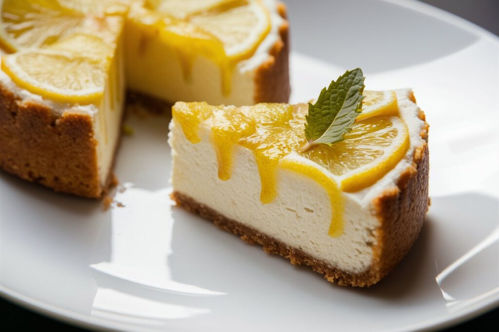 A homemade lemon cheesecake with a graham cracker crust, topped with a glossy lemon glaze.