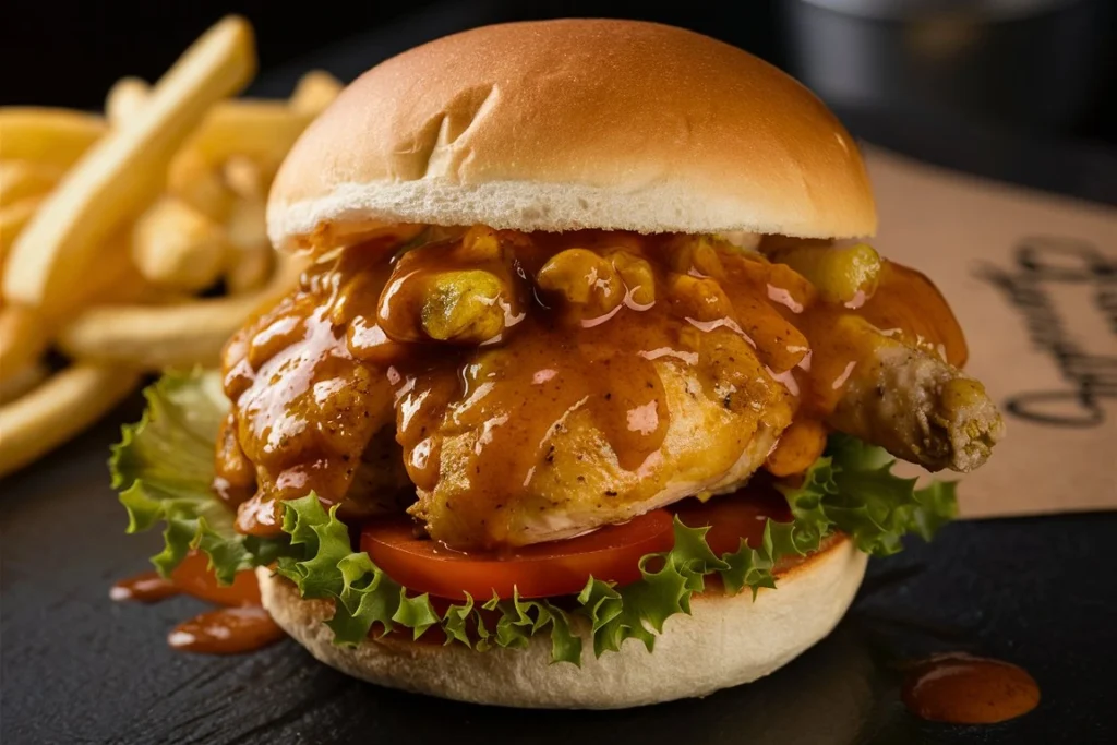 Gordon Ramsay-style chicken sandwich served with fries and dipping sauce.
