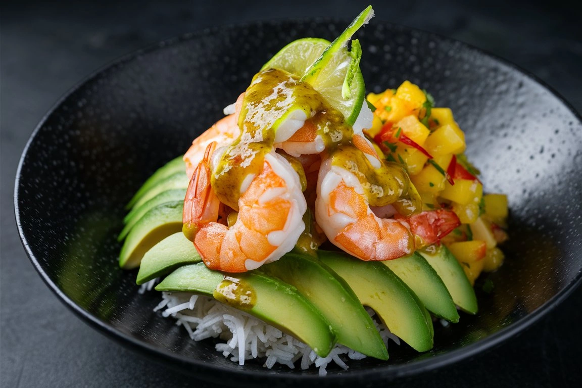 Assembling a shrimp and avocado bowl with mango salsa, lime-chili sauce, and fresh ingredients.