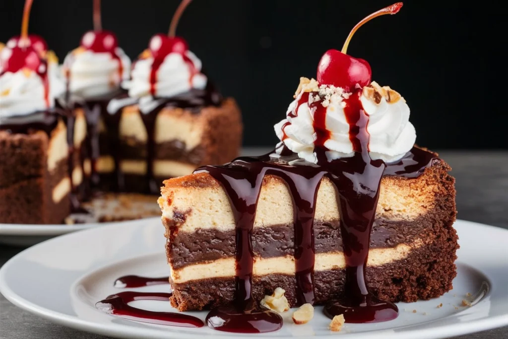 A close-up of a Hot Fudge Sundae Brownie Cheesecake slice with dripping chocolate sauce.