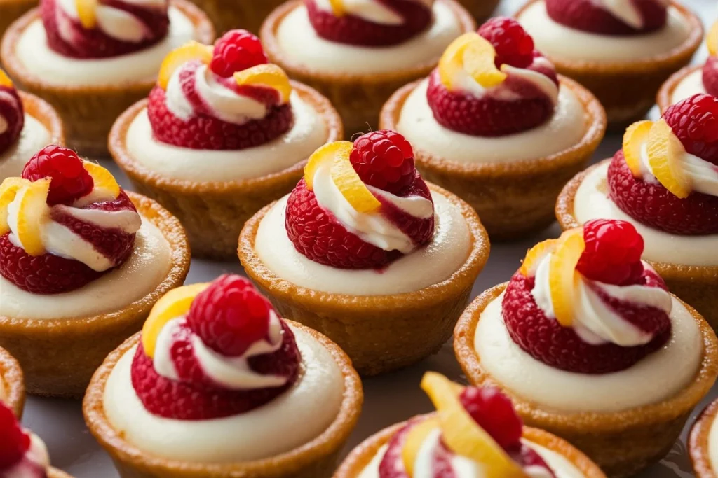 A tray of freshly baked lemon raspberry swirl cheesecake cups, garnished with whipped cream and vibrant berries.