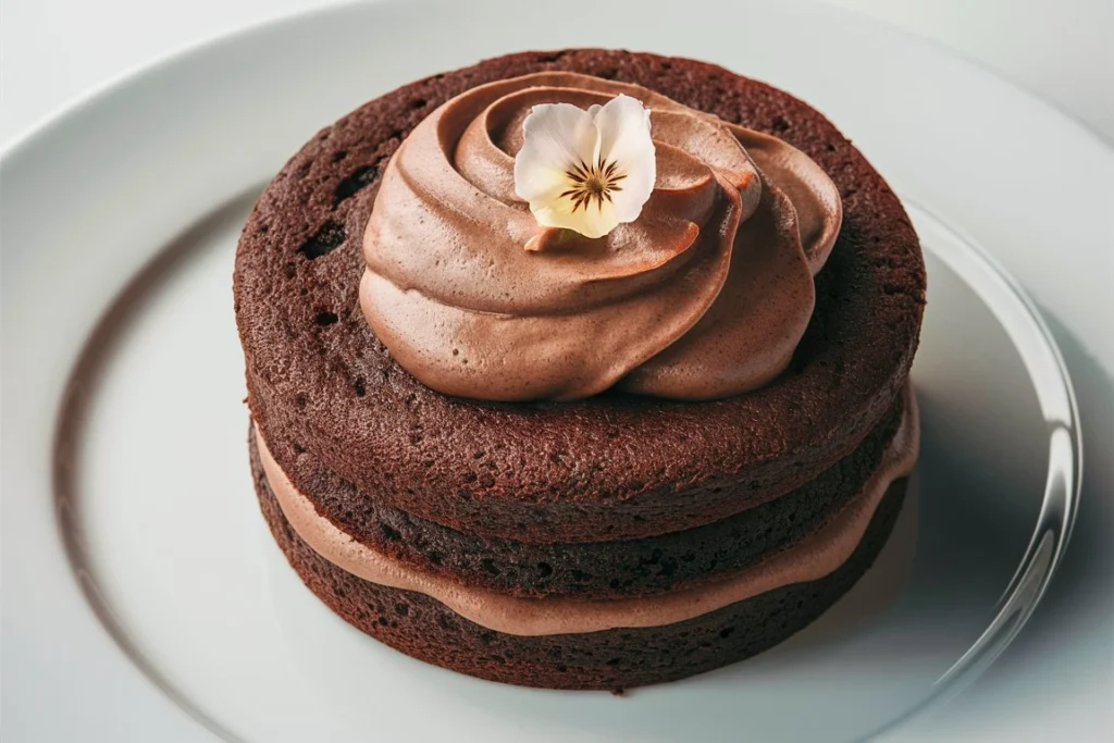 Whole gluten-free chocolate cake decorated with swirls of frosting and chocolate shavings