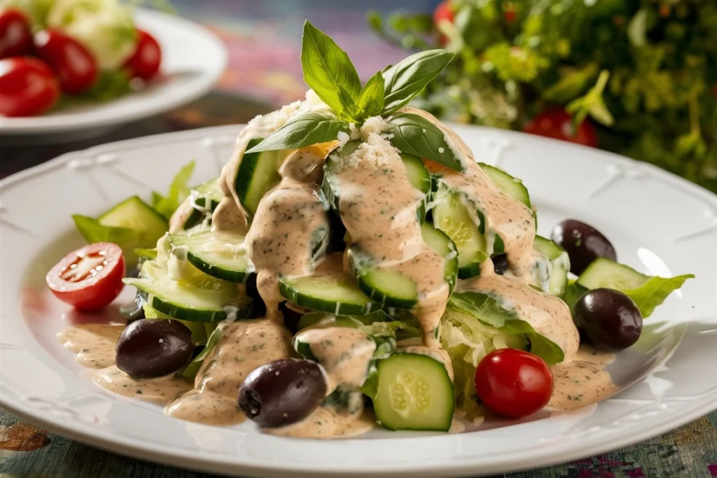  A bowl of creamy Italian cucumber salad garnished with fresh herbs.