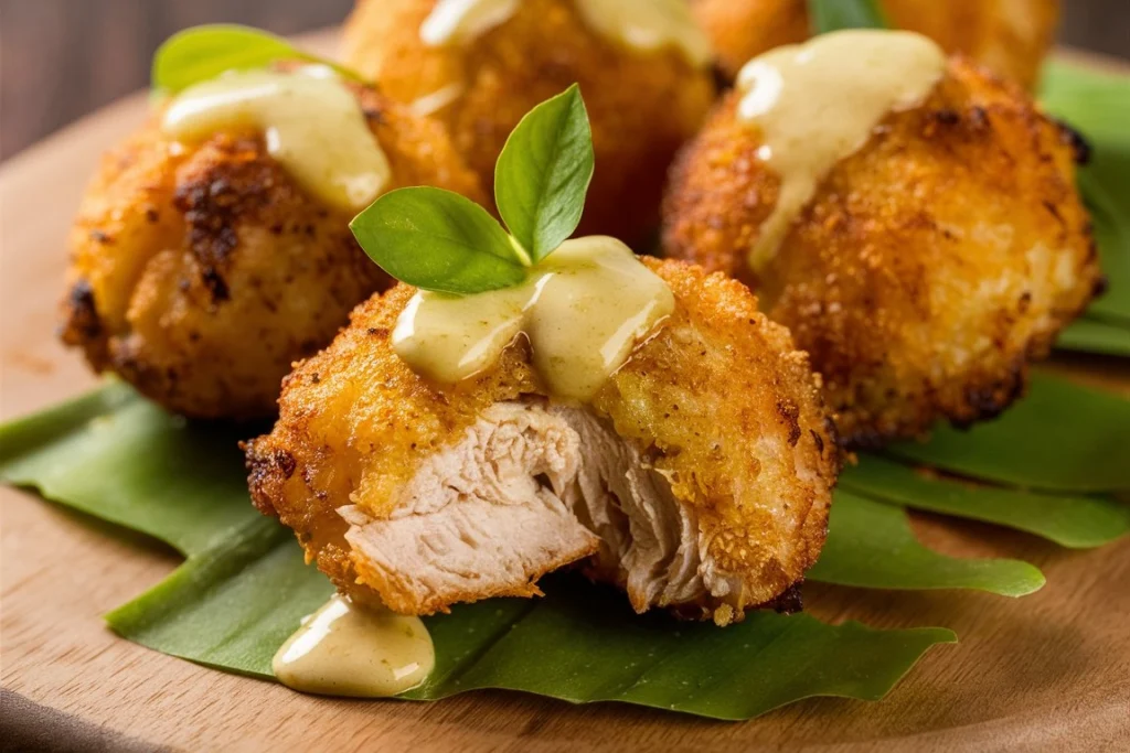  Golden garlic butter chicken bites garnished with fresh parsley on a white plate.