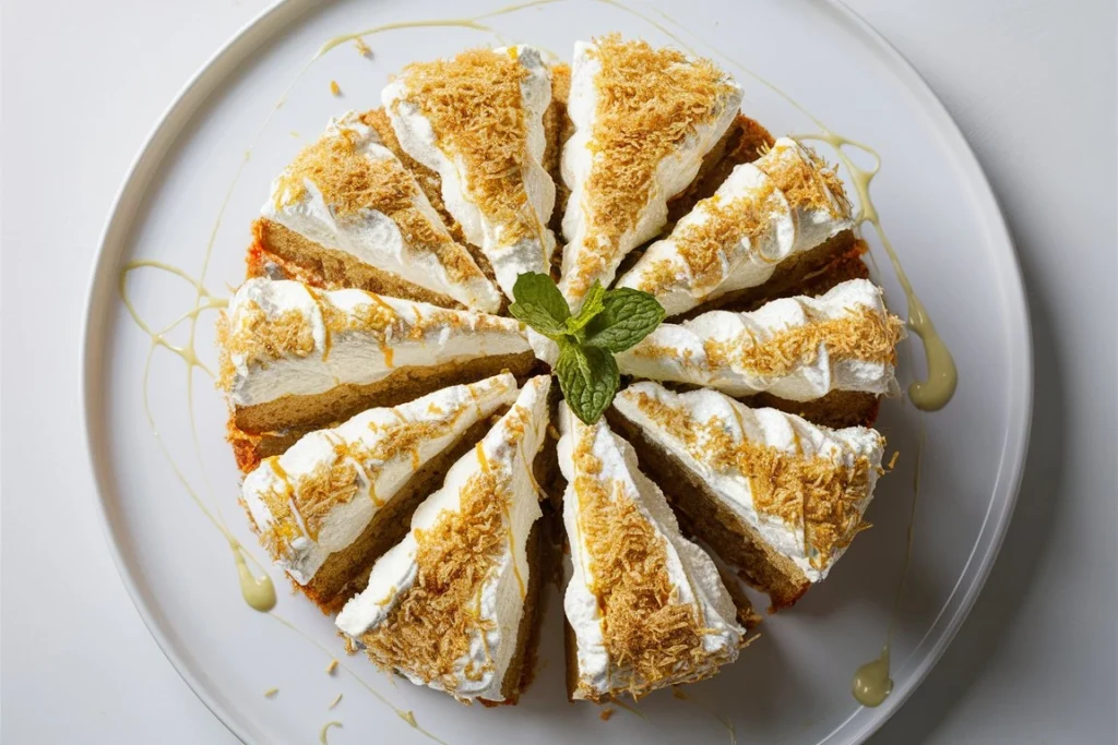 Coconut cake with layers of frosting and toasted coconut flakes.
