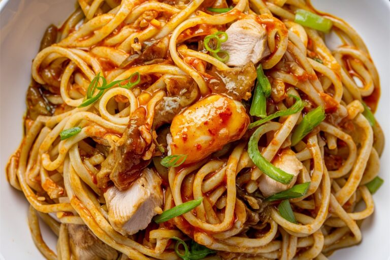 A bowl of Honey Pepper Chicken Pasta with a drizzle of sauce and a side of garlic bread.