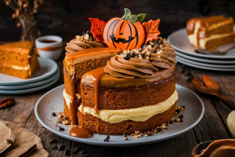 "Full view of Pumpkin Caramel Cheesecake Layer Cake on a serving plate."