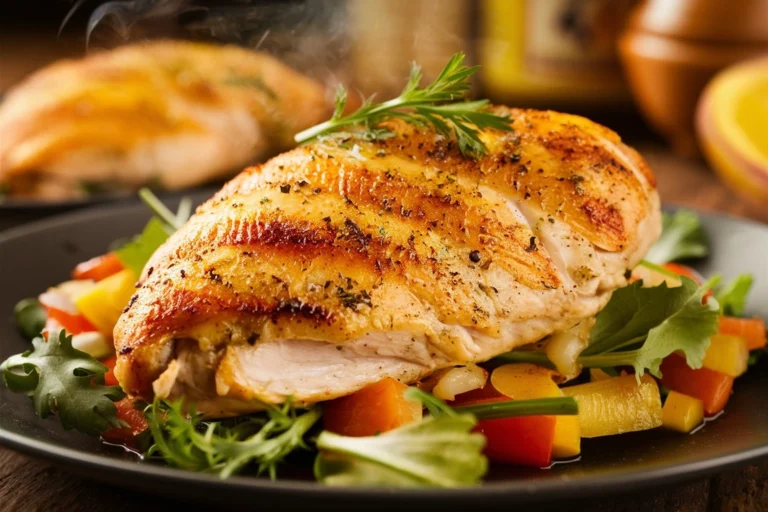 Honey mustard glazed oven-baked chicken breast.