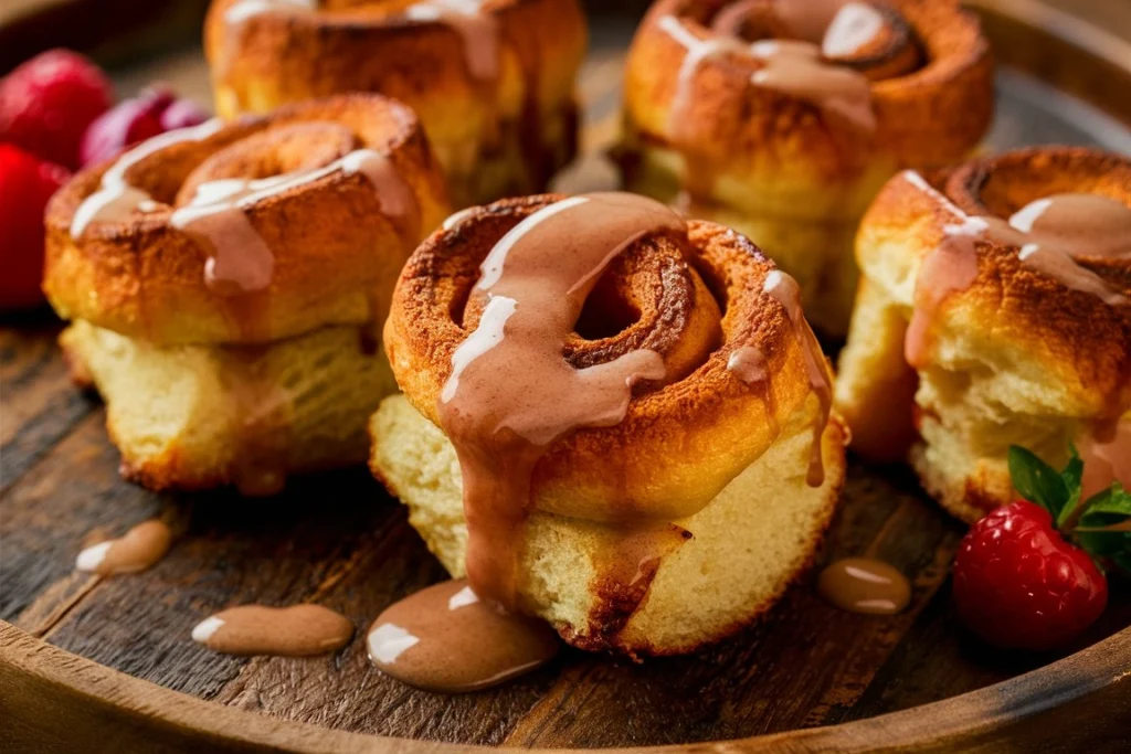  Delicious Cinnamon Roll French Toast Bites served with maple syrup and powdered sugar.