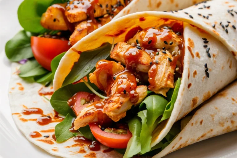 A spicy grilled chicken wrap served with a side of fresh salad and lime wedges.