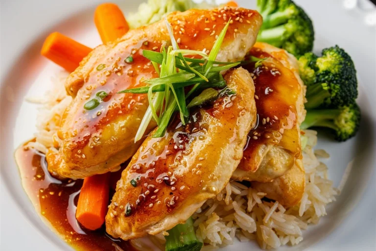 Thick honey garlic sauce being drizzled over seared chicken breasts