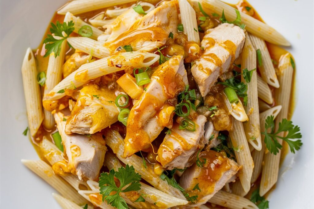 Close-up of Honey Pepper Chicken Pasta topped with freshly grated parmesan and a dash of pepper.