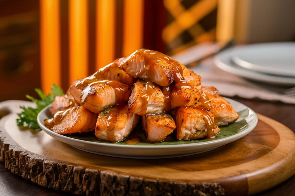  Honey Garlic Salmon Bites glazed in a sweet and savory sauce, served on a plate with garnish.