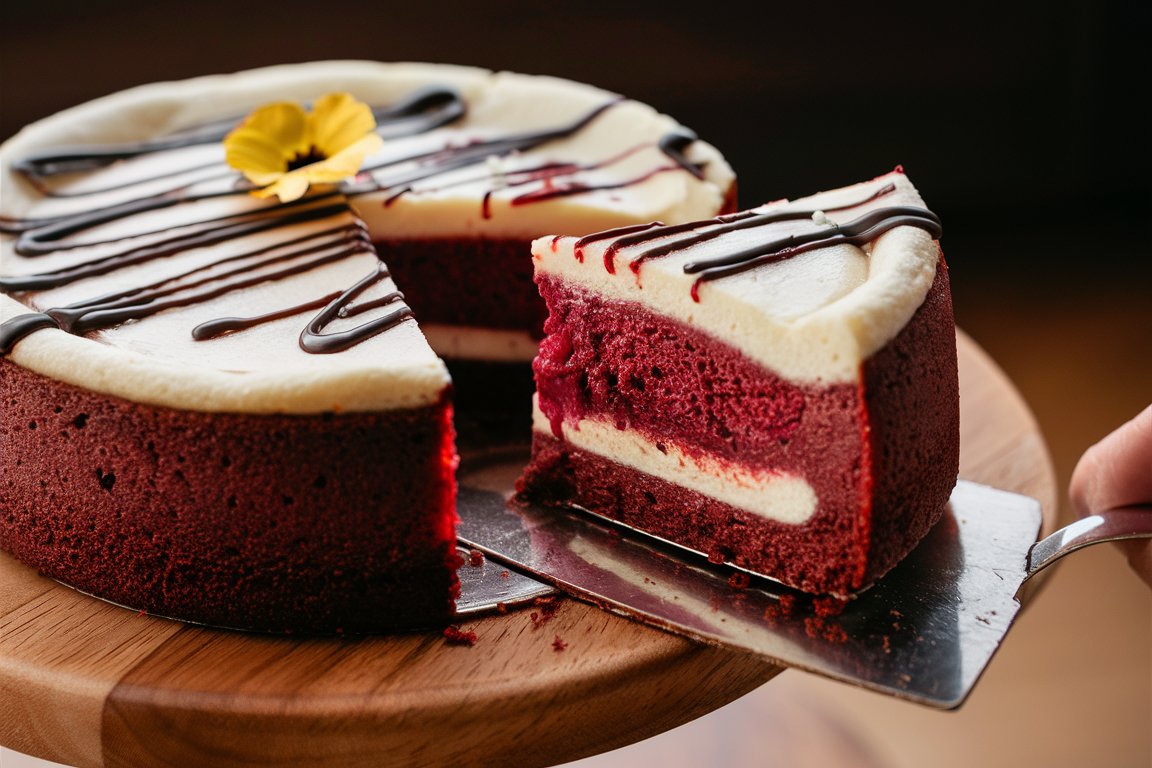 A whole Red Velvet Cheesecake ready to be served.