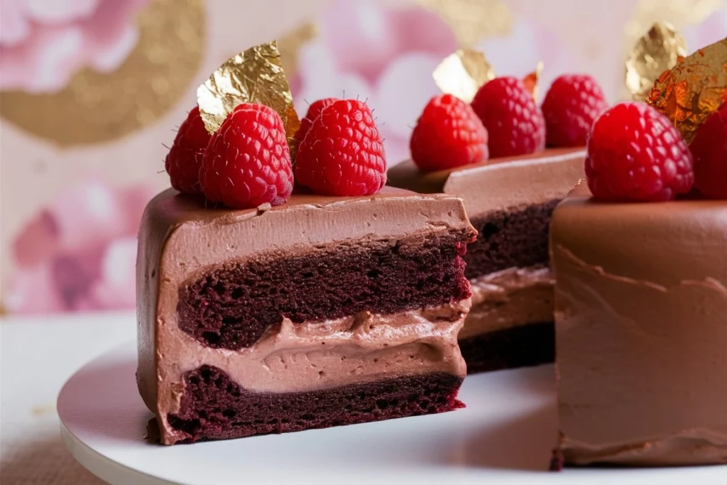 Sliced Chocolate Raspberry Mousse Cake with raspberry coulis drizzle and chocolate shavings.