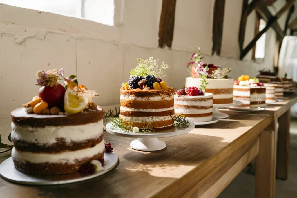 A wedding-style naked cake with delicate floral decorations and a dusting of powdered sugar.