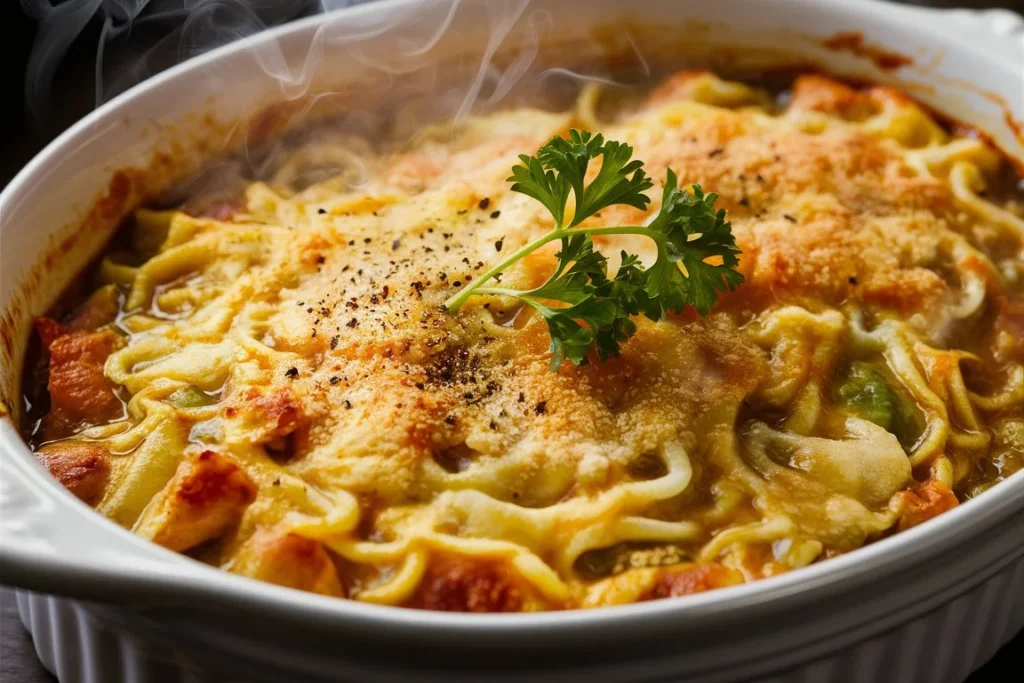 Homemade Chicken Noodle Casserole with peas and carrots