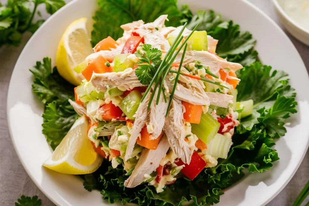 A delicious homemade chicken salad served in a bowl with fresh ingredients.