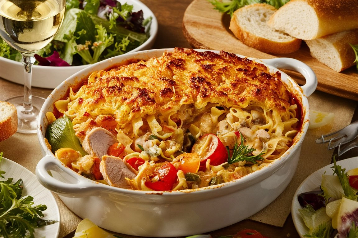 Chicken noodle casserole ready to serve on a dinner table.