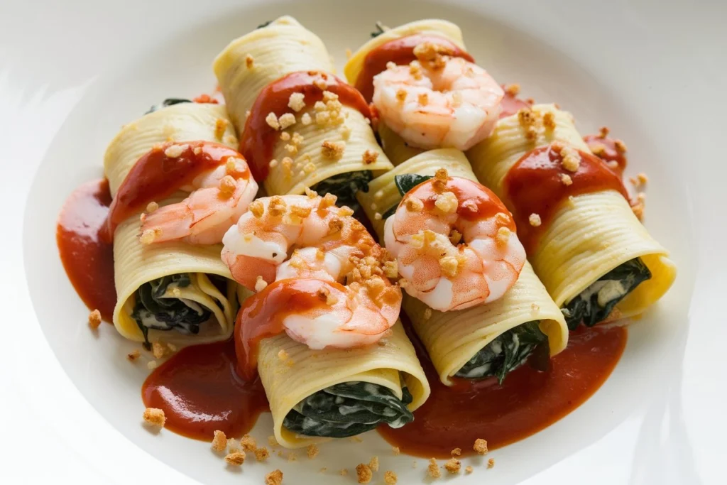 Close-up of shrimp and spinach stuffed pasta rolls plated with roasted red pepper cream