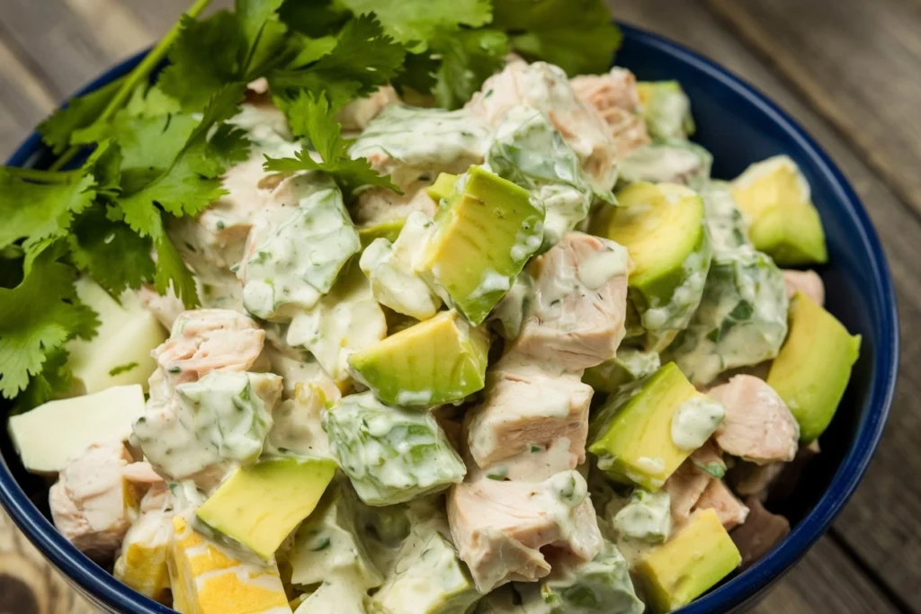 Creamy avocado chicken egg salad served in a bowl, garnished with fresh herbs.