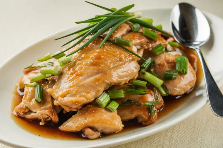 "Close-up of Chinese Scallion Chicken in a bowl"