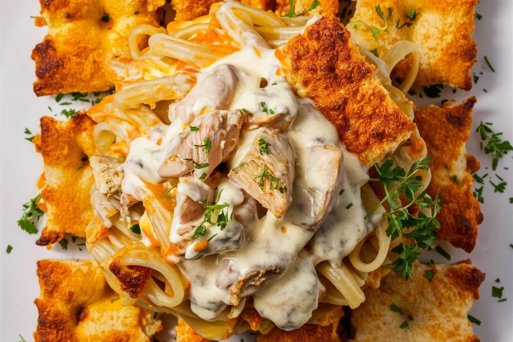 Cheesy Crack Chicken Pasta in a bowl with a creamy sauce.