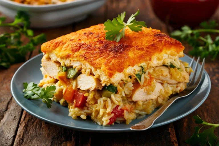 Ever Chicken and Rice Casserole plated with a side of vegetables.