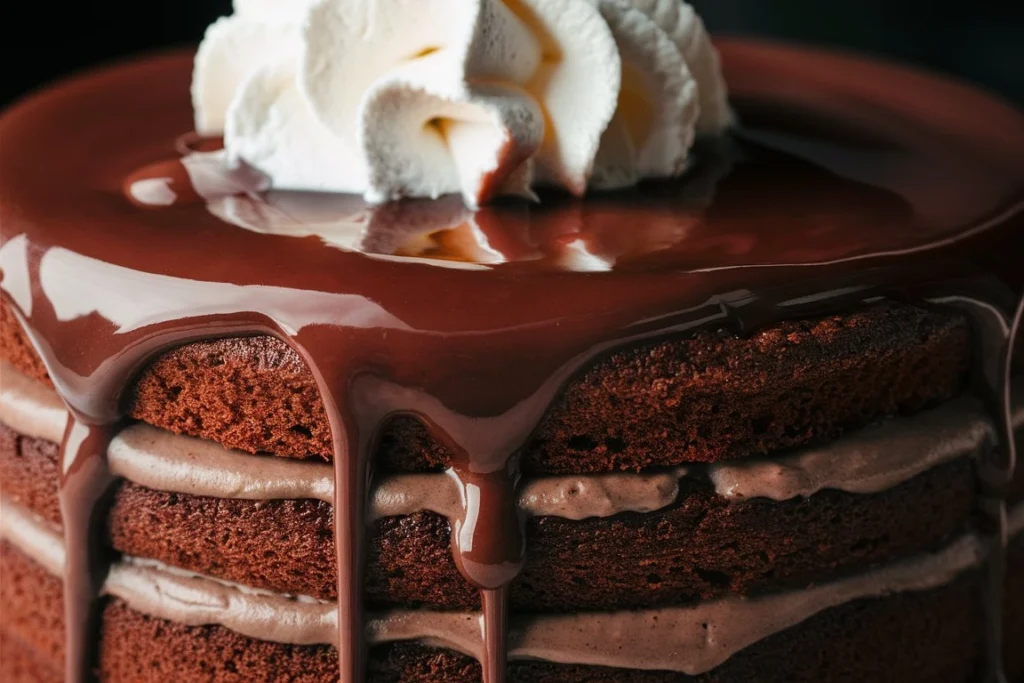 Decadent slice of gluten-free chocolate cake topped with creamy frosting and a chocolate ganache drizzle