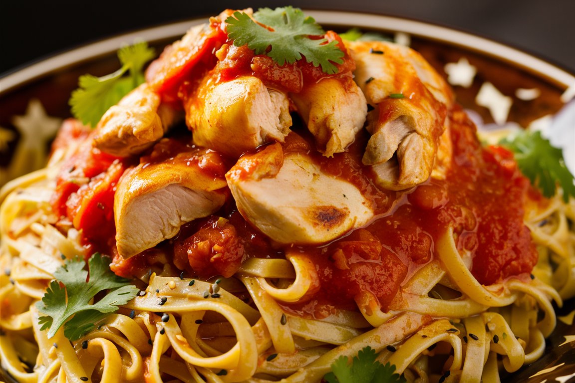 Close-up of Marry Me Chicken Pasta garnished with fresh herbs and a rich cream sauce.