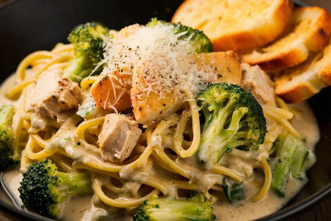 Close-up of creamy chicken and broccoli pasta with a fork twirling noodles.