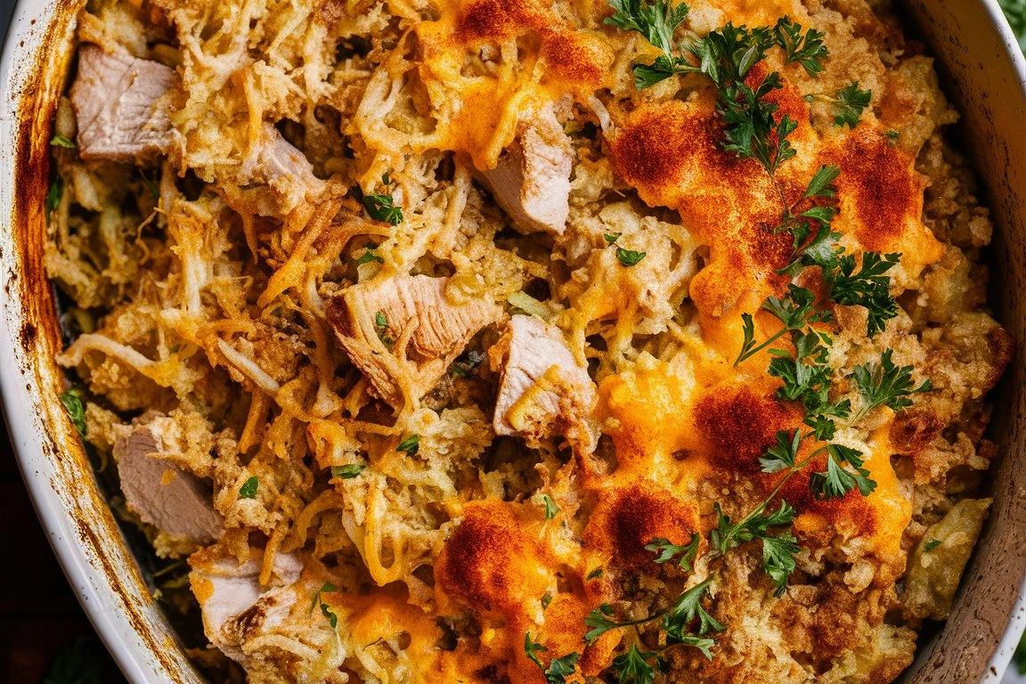 Chicken Hashbrown Casserole served on a dinner plate with a side salad