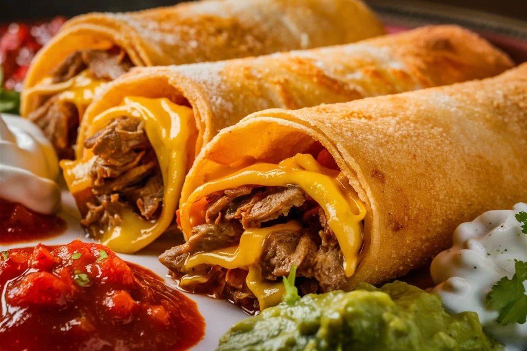 Crispy Beef and Cheese Chimichangas served with salsa and sour cream.