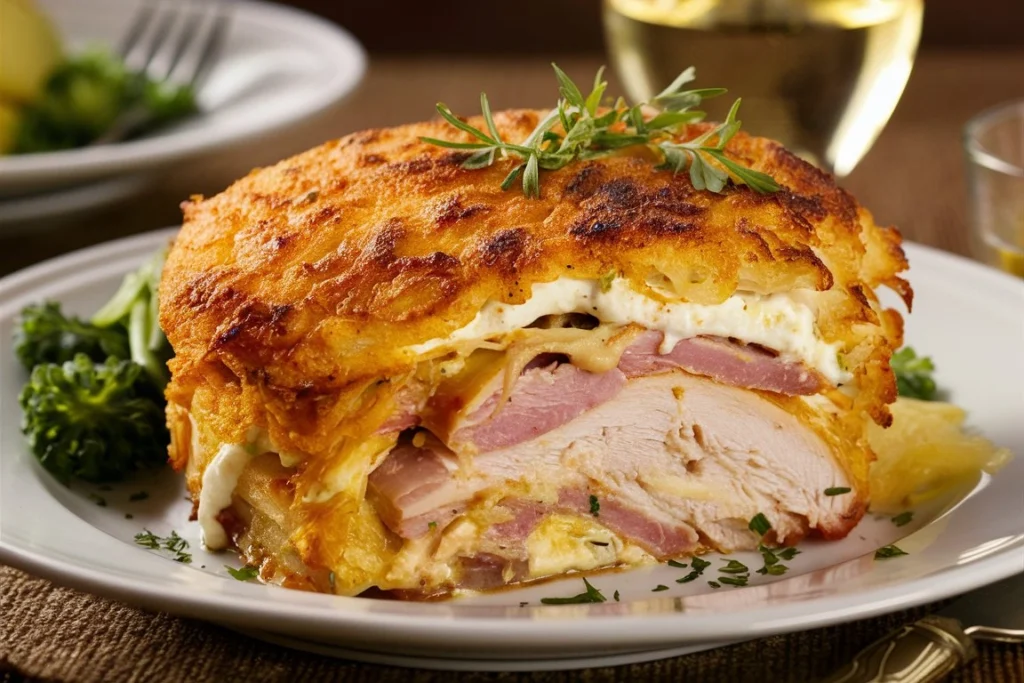 "Delicious Chicken Cordon Bleu Casserole with layers of chicken, ham, and cheese baked to perfection."