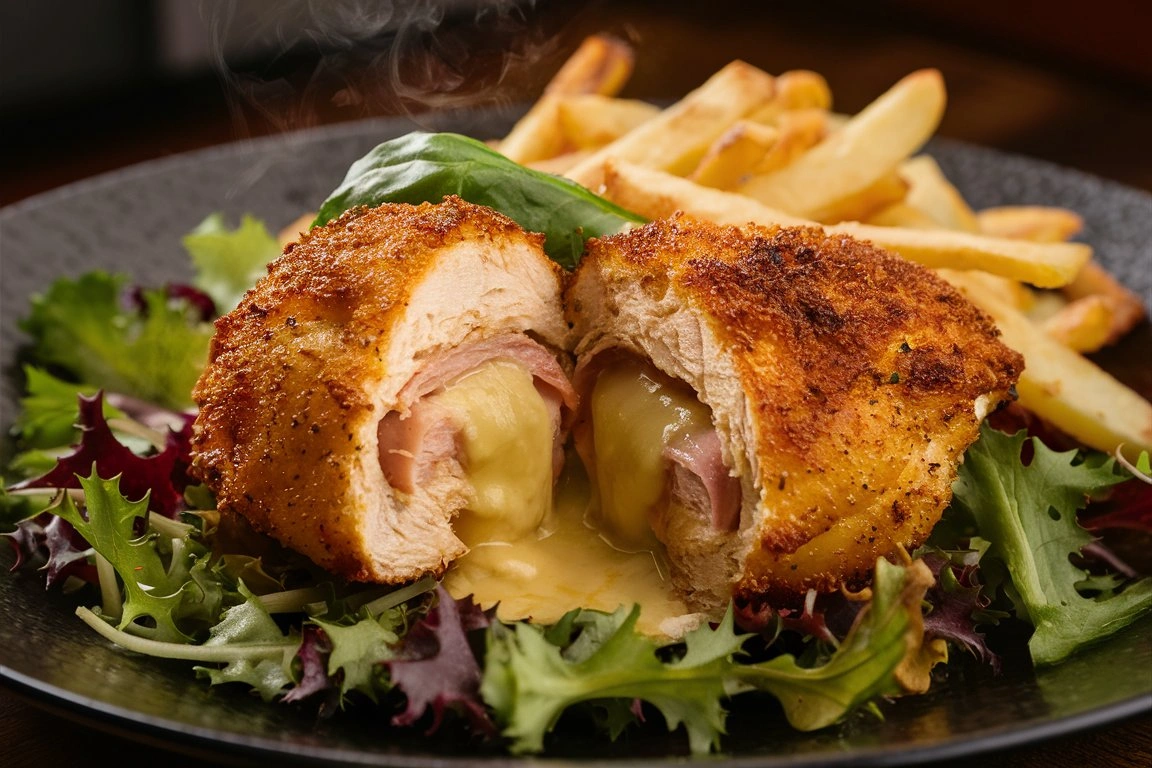 Chicken Cordon Bleu served with mashed potatoes and vegetables