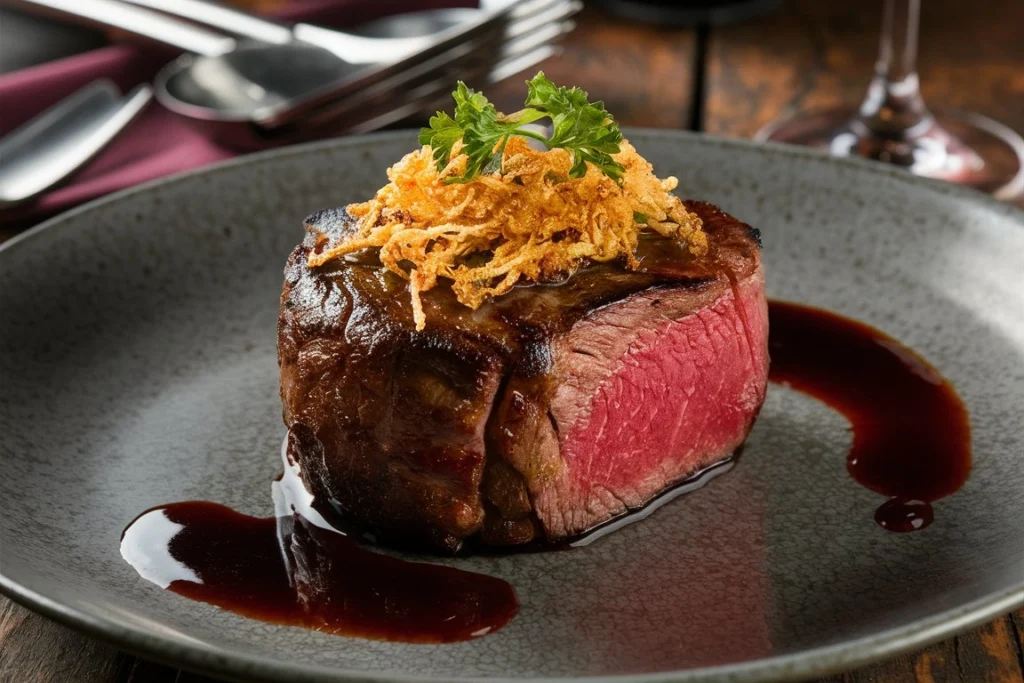 Juicy grilled steak served with herbs and vegetables on a rustic plate.