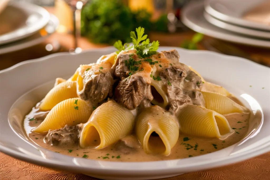 Creamy beef and pasta shells served in a white bowl, garnished with fresh parsley