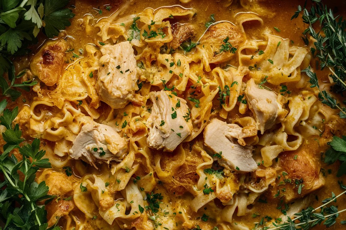 Serving of chicken noodle casserole on a plate with a side of vegetables