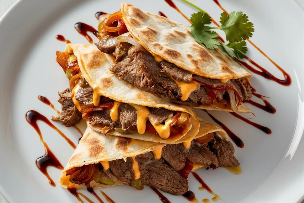 Crispy Savory Philly Cheesesteak Quesadilla served with dipping sauce.