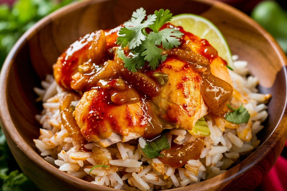 Ingredients for honey chipotle chicken rice bowls, including chicken, honey, chipotle, rice, and avocado.